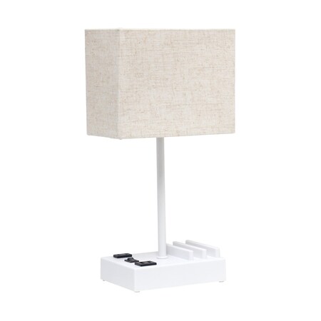 Simple Designs 153 Rectangular MultiUse Table Lamp with 2 USB Ports and Charging Outlet with Beige Shade, White LT1110-BGW